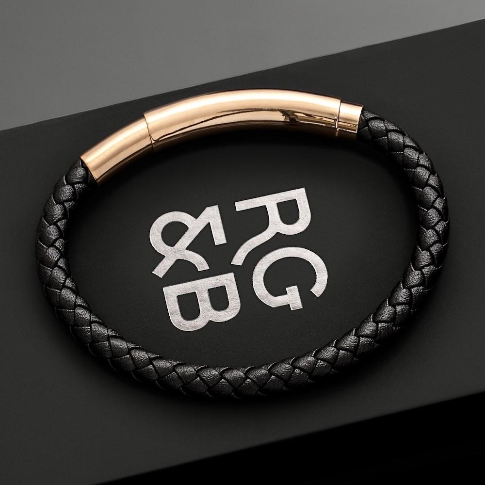 Black Leather Bracelet - Our Black Leather Bracelet features a Black Leather Bracelet and an Adjustable Rose Gold Steel Clasp Engraved with our Signature RG&B Logo.